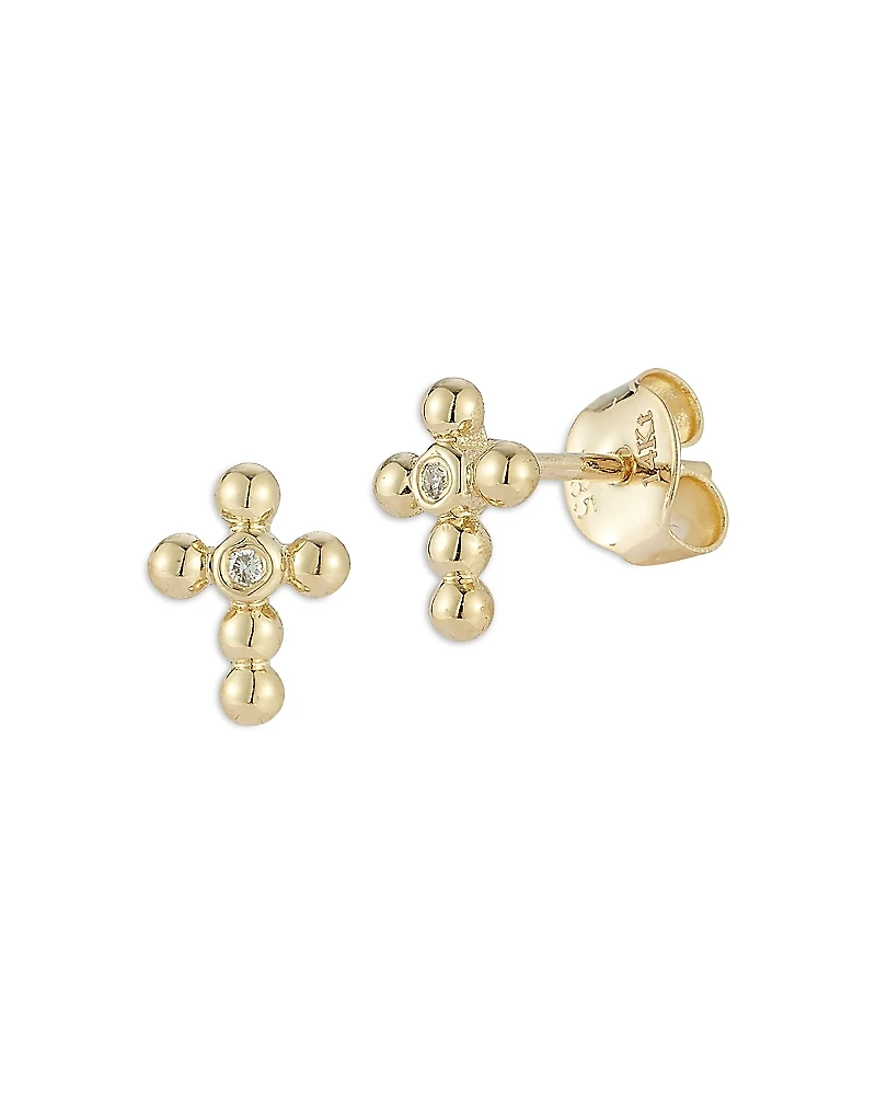 Bloomingdale's Fine Collection 14K Yellow Gold Beaded Cross Studs with Diamonds, 0.02 tcw
