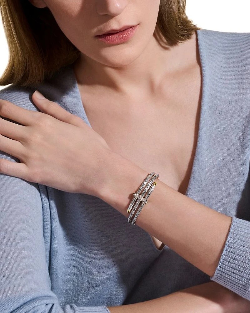 Sterling Silver & 14K Yellow Gold Diamond Spear Triple Flex Cuff Bracelet