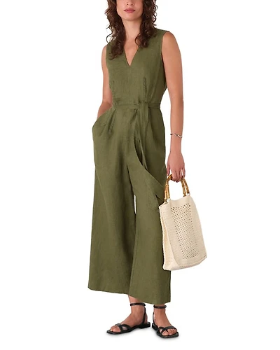 Petite Belted Seamed Linen Jumpsuit