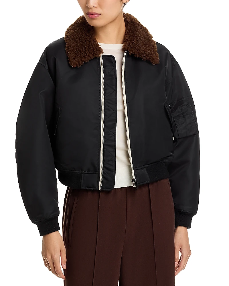 Re/Done Shrunken Shearling Trim Bomber Jacket