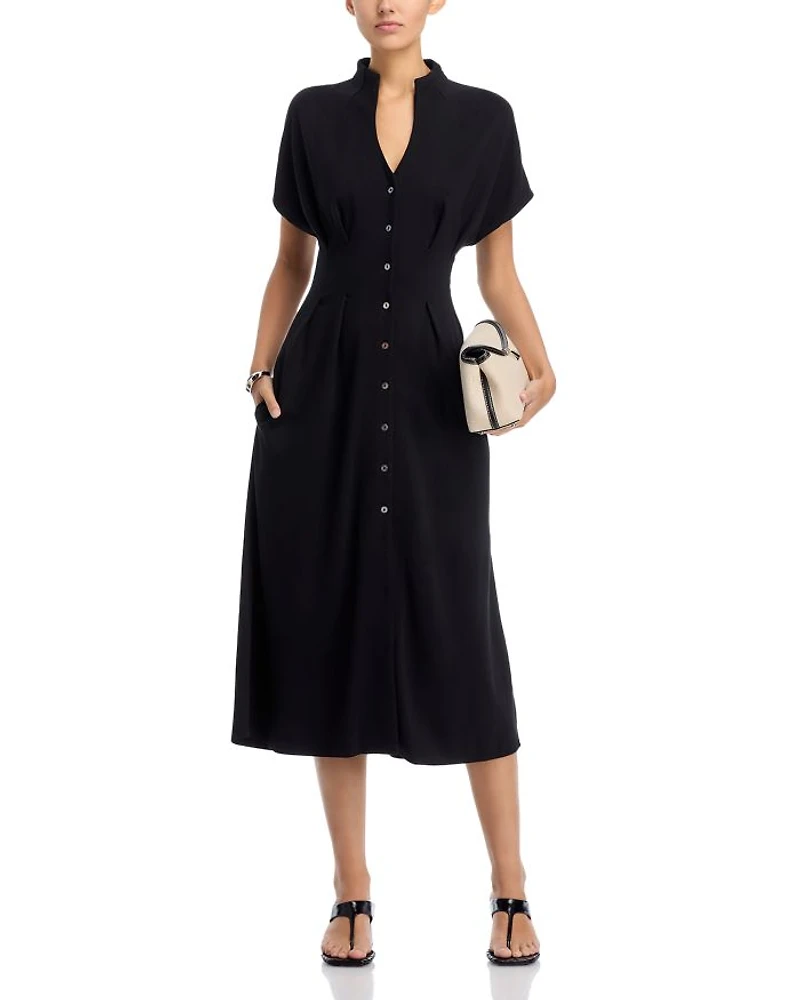 Mock Neck Button Front Midi Dress