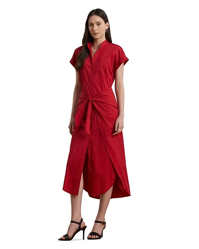 Tie Front Cotton Blend Shirtdress