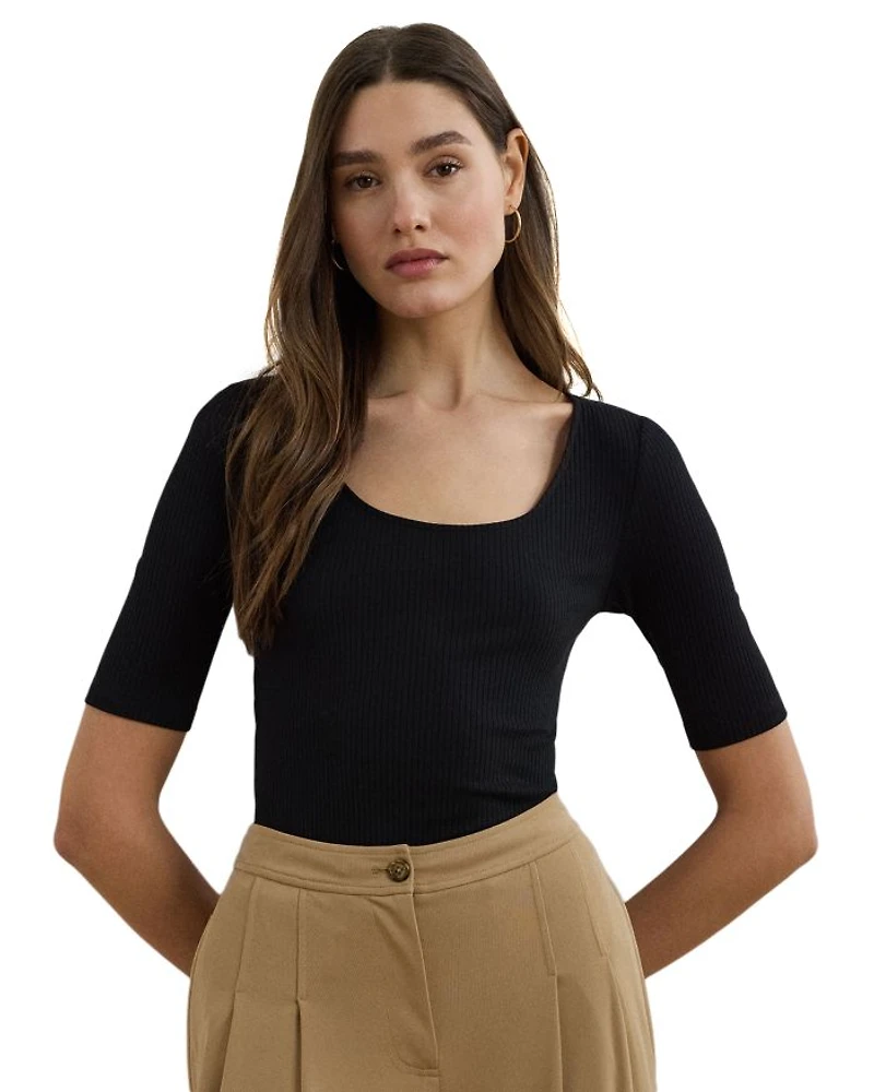 Rib Knit Cotton Blend Elbow Sleeve Tee