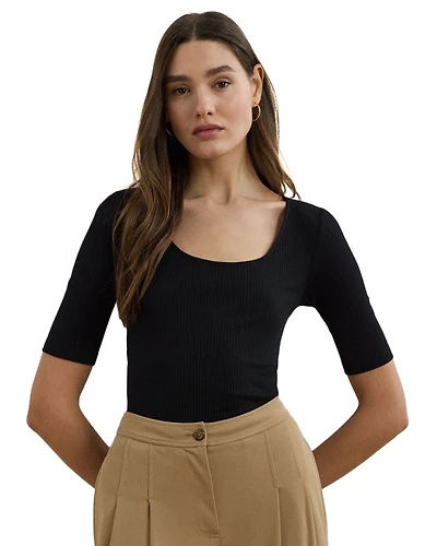 Rib Knit Cotton Blend Elbow Sleeve Tee