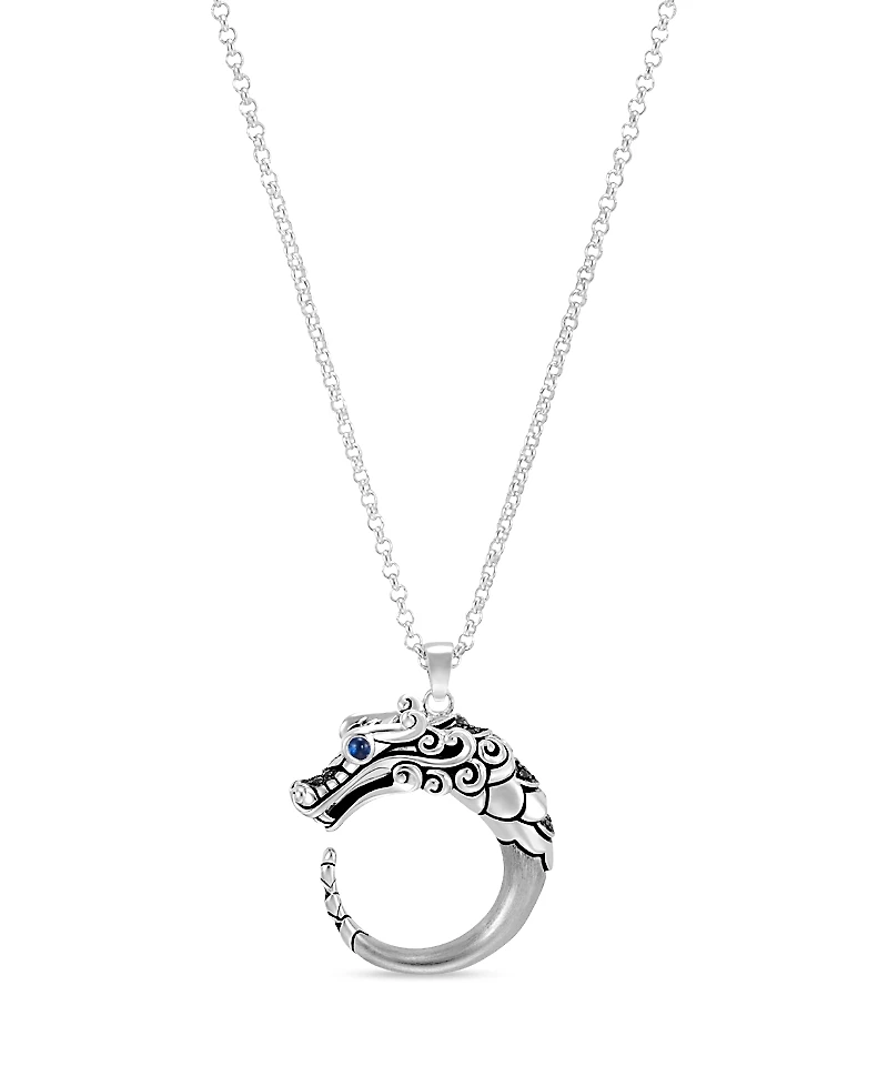 John Hardy Brushed Sterling Silver Naga Pendant Necklace with Black Sapphire, Black Spinel and Blue Sapphire Eyes, 16
