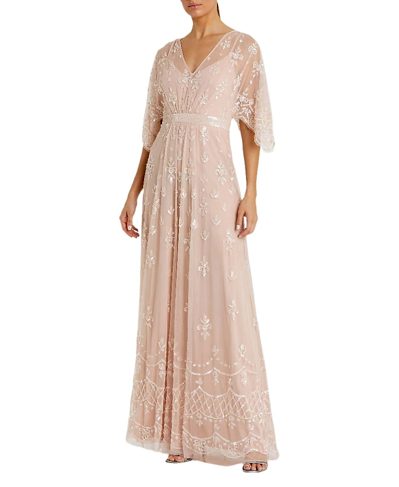 Mac Duggal V Neck Flutter Sleeve Embellished Mesh Gown