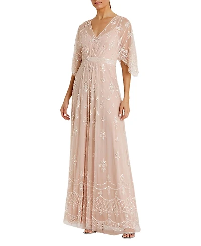 Mac Duggal V Neck Flutter Sleeve Embellished Mesh Gown