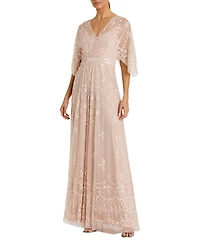 Mac Duggal V Neck Flutter Sleeve Embellished Mesh Gown