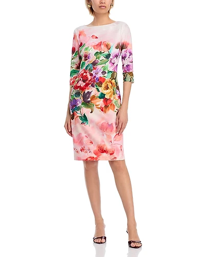 Teri Jon by Rickie Freeman Scuba Floral Three Quarter Sleeve Dress