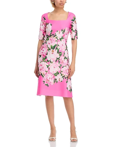 Teri Jon by Rickie Freeman Scuba Square Neck Flower Print Dress