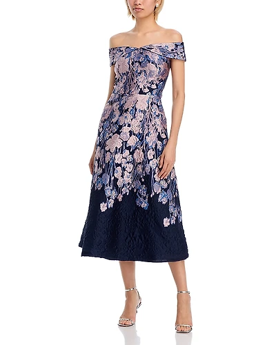 Teri Jon by Rickie Freeman Floral Metallic Fit & Flare Dress