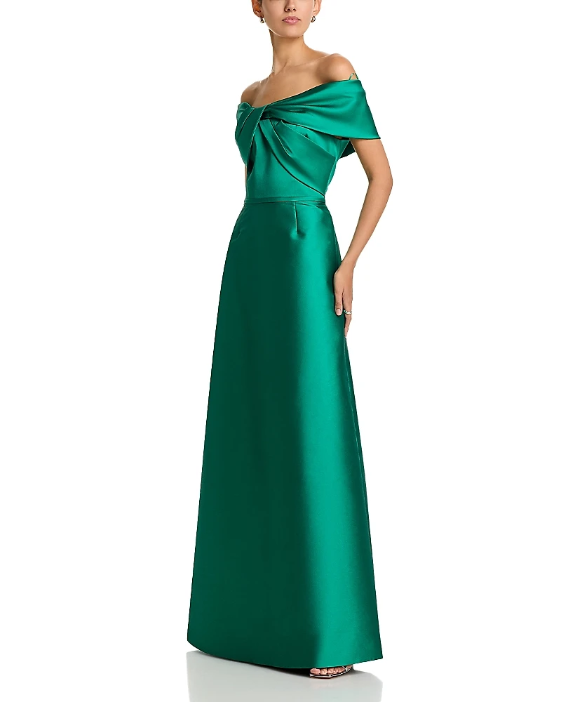 Teri Jon by Rickie Freeman Stretch Mikado Off Shoulder Twist Front Gown