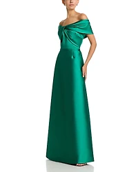Teri Jon by Rickie Freeman Stretch Mikado Off Shoulder Twist Front Gown