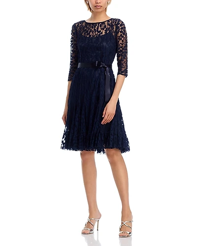 Teri Jon by Rickie Freeman Leaf Lace Pintuck Dress