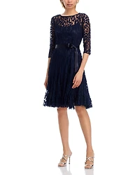 Teri Jon by Rickie Freeman Leaf Lace Pintuck Dress