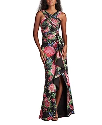 Tadashi Shoji Elarra Floral Waterfall Flounce Gown