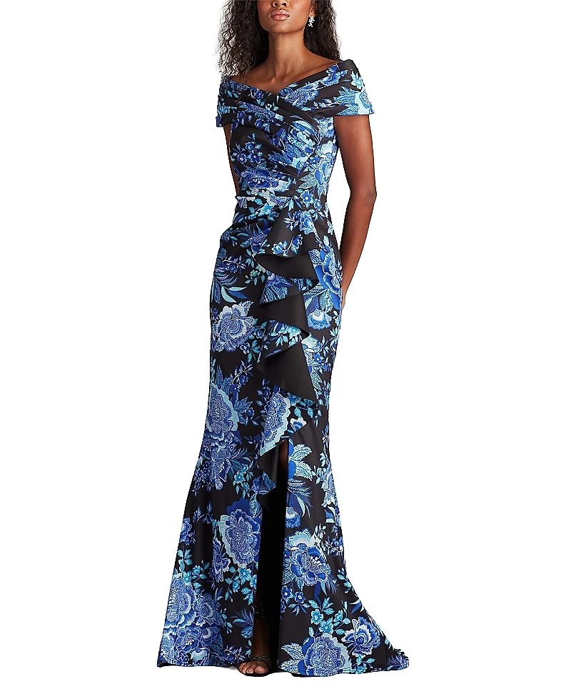 Tadashi Shoji Leticia Floral Waterfall Flounce Gown