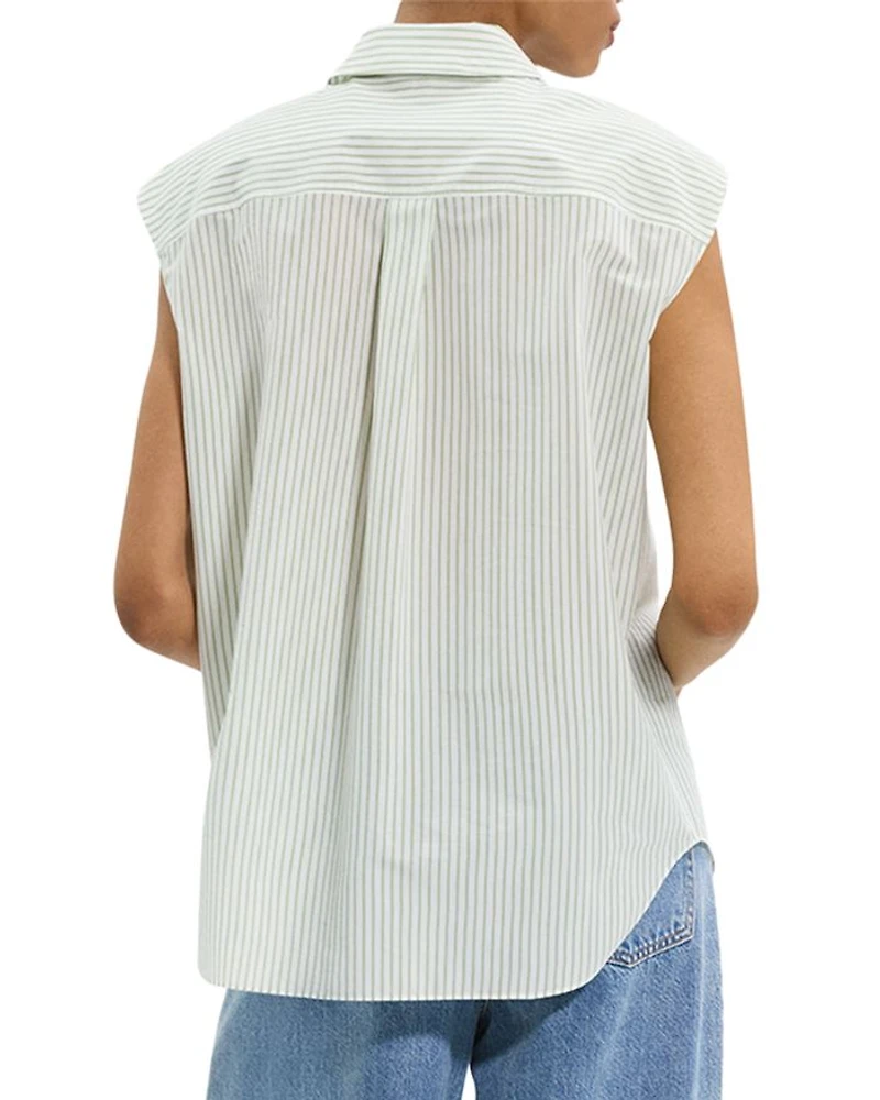 Cinched Cap-Sleeve Shirt Striped Cotton-Blend