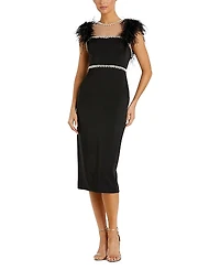 Mac Duggal Feather Cap Sleeve Pearl Embellished T-Length Fit Dress