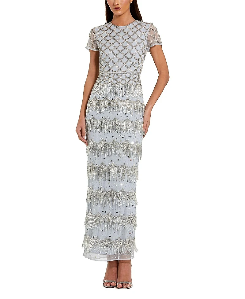 Mac Duggal Fringe Embellished Mesh Short Sleeve Ankle Dress