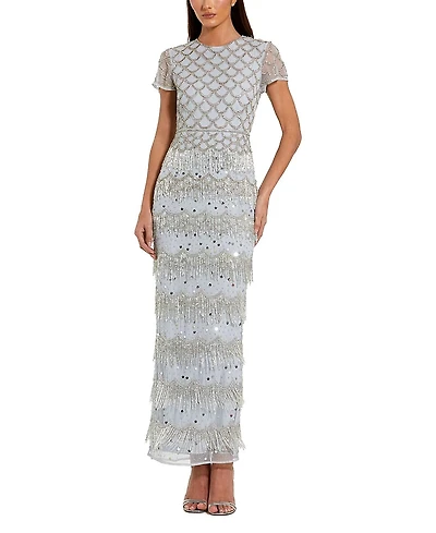 Mac Duggal Fringe Embellished Mesh Short Sleeve Ankle Dress