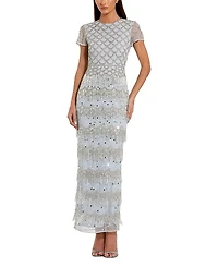 Mac Duggal Fringe Embellished Mesh Short Sleeve Ankle Dress