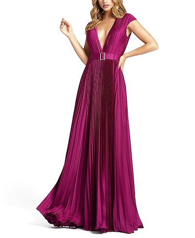 Mac Duggal Pleated Plunge Neck Belted Satin Gown