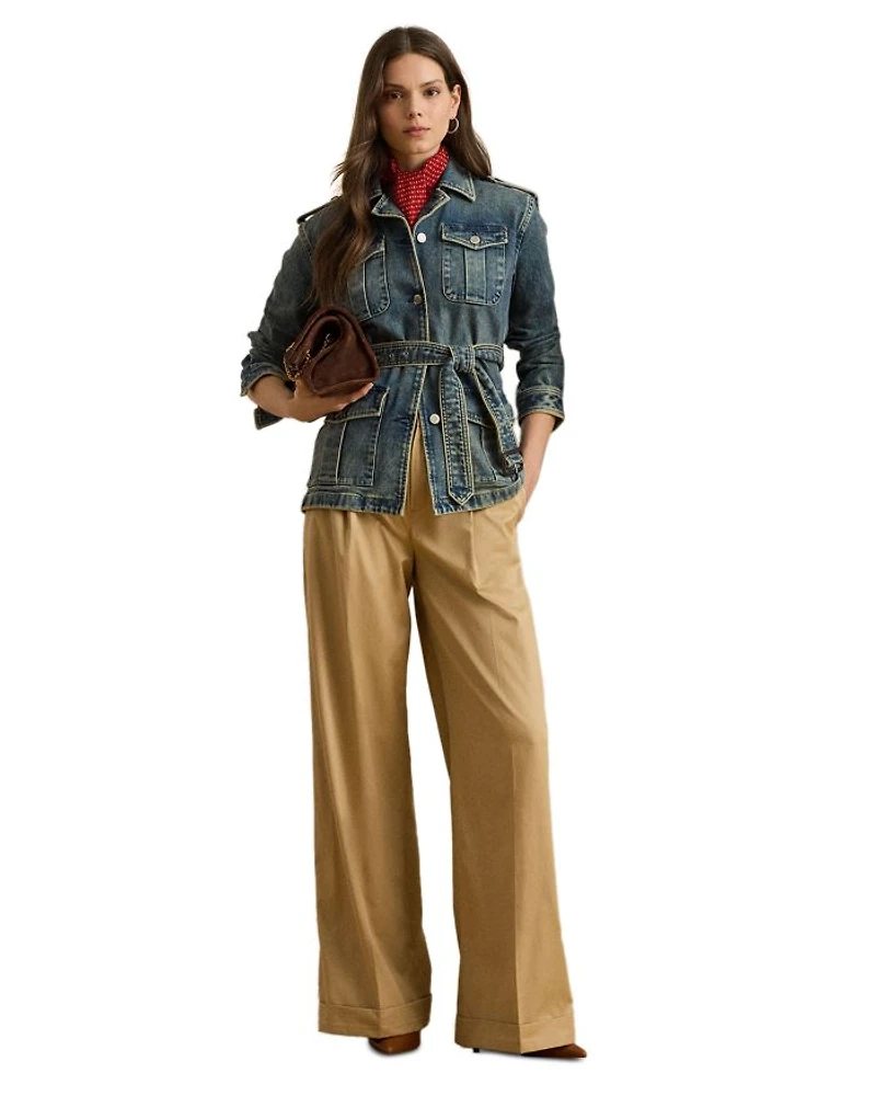 Pleated Cotton Twill Wide Leg Pants