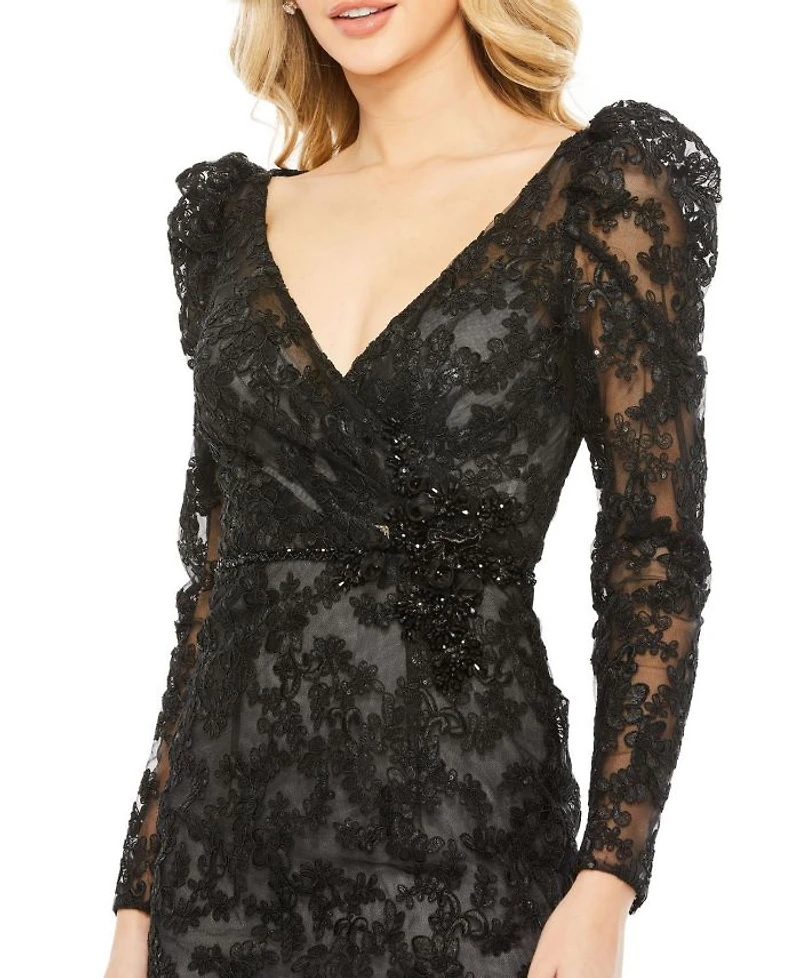 Embroidered Lace Wrap Over Puff Sleeves Gown