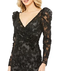 Embroidered Lace Wrap Over Puff Sleeves Gown