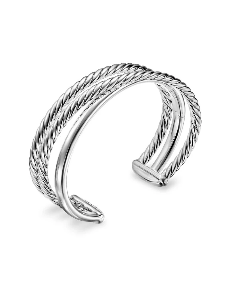 Bold Crossover Three Row Cuff Bracelet Sterling Silver, 19mm