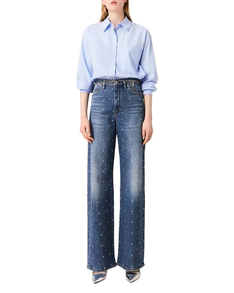 Studded High Rise Wide Leg Jeans Blue