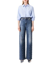 Studded High Rise Wide Leg Jeans Blue