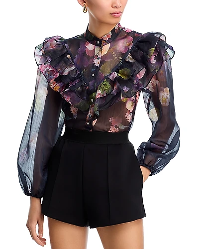 Aqua Floral Ruffled Blouse - Exclusive