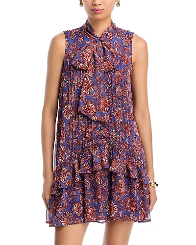 Aqua Printed Tie Neck Ruffle Dress - Exclusive