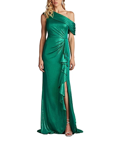 Tadashi Shoji Boise Metallic Waterfall Flounce Gown