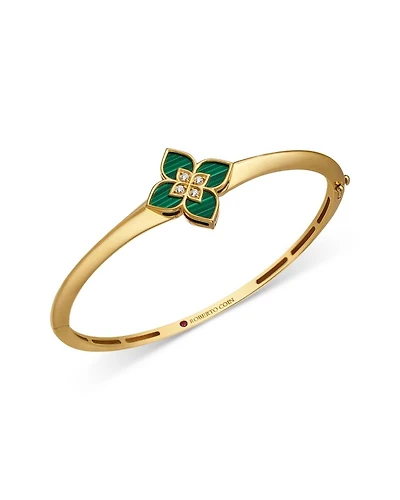 18K Yellow Gold Diamond & Malachite Venetian Princess Bangle Bracelet