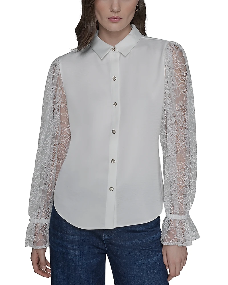 Karl Lagerfeld Paris Lace Sleeve Button Up Blouse