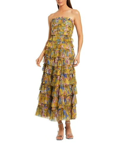 Ruffle Mesh Strapless Midi Dress