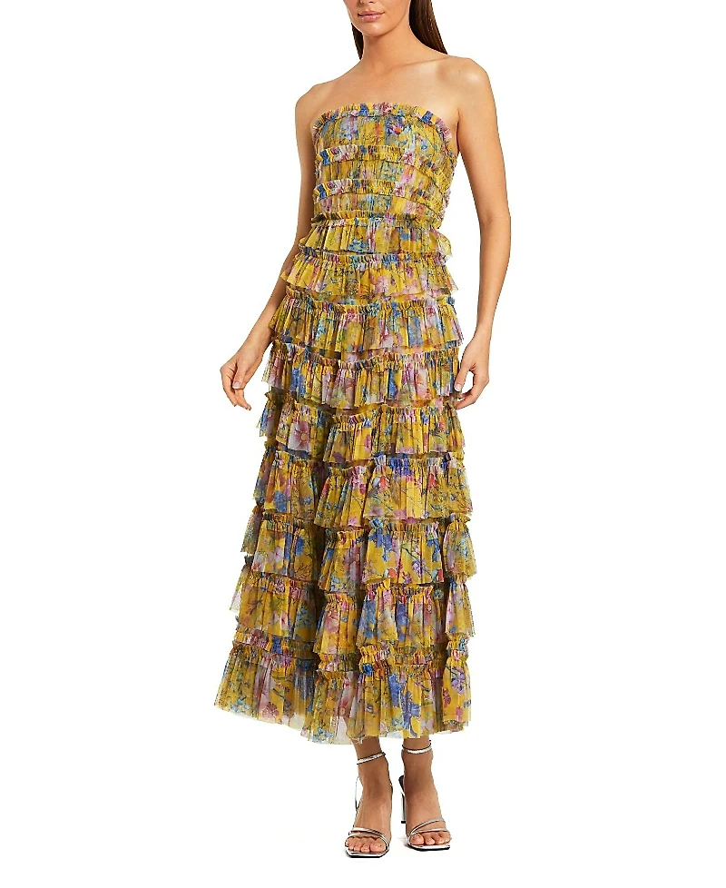 Mac Duggal Ruffle Mesh Strapless Midi Dress