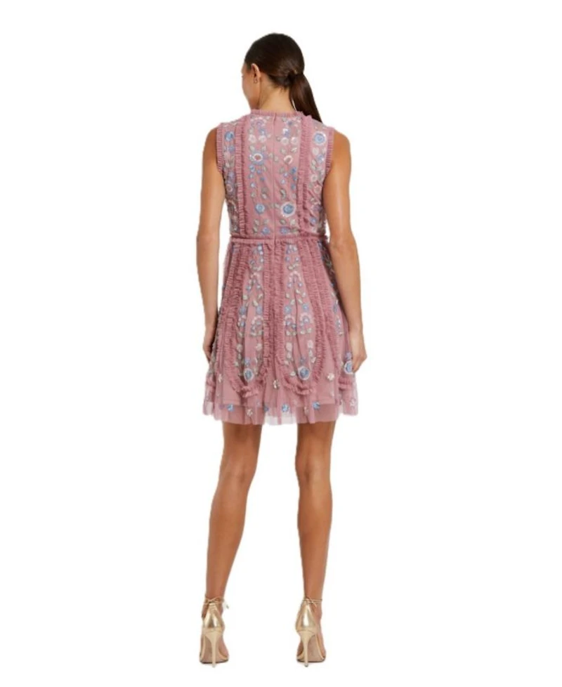 Sleeveless High Neck Embroidered Mini Dress