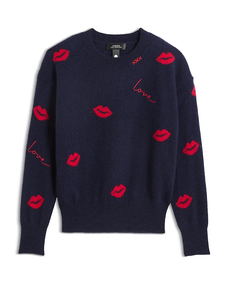 Aqua Girls' Knitted Crewneck Pullover Lip Jacquard Embroidered Cashmere Sweater, Big Kid - Exclusive