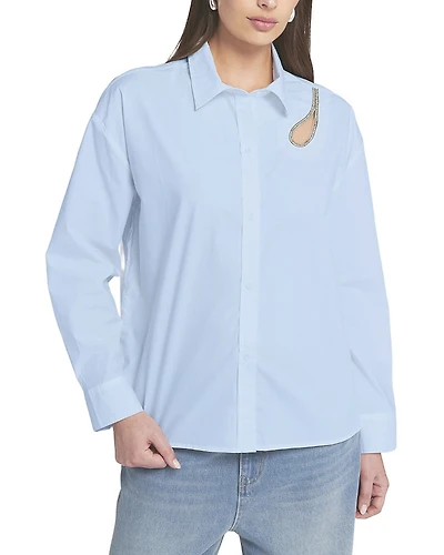 Elle Collection Rhinestone Trim Cutout Shirt