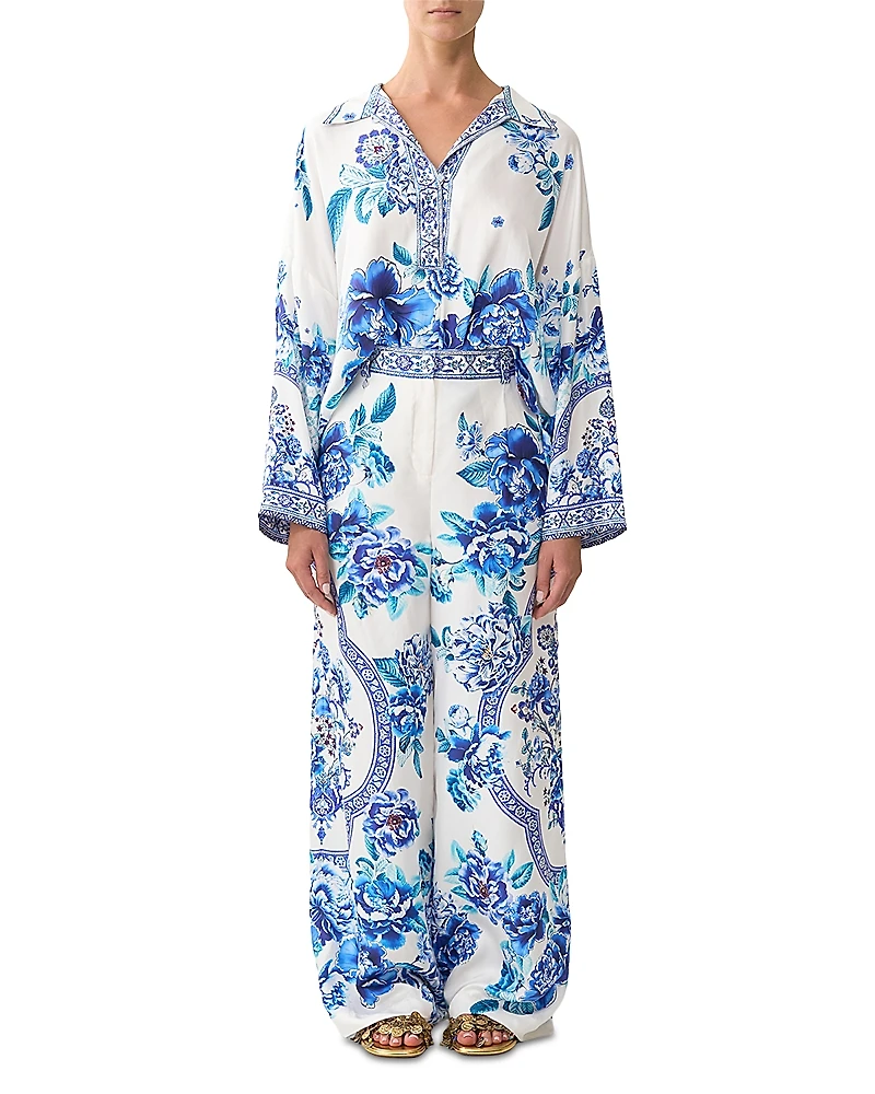 Camilla Silk Beaded Waist Wide Leg Pants