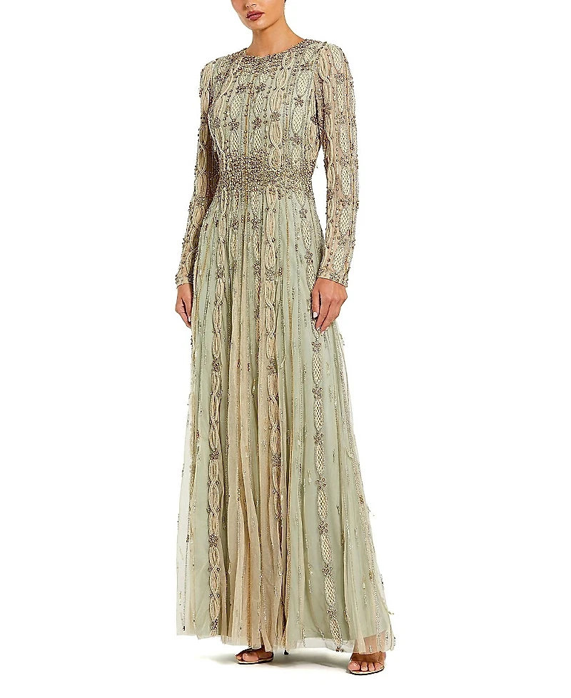 Mac Duggal Embellished Mesh Long Sleeve A Line Gown