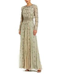 Mac Duggal Embellished Mesh Long Sleeve A Line Gown