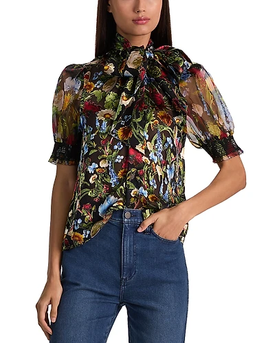 Alice and Olivia Brentley Tie Neck Puff Sleeve Blouse