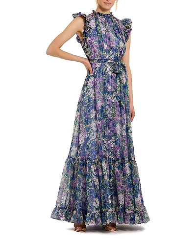 Mac Duggal Printed Chiffon Ruffle Sleeve with Bow Belt Gown