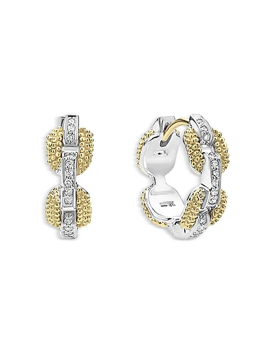Lagos 18K Yellow Gold & Sterling Silver Caviar Lux Diamond Link Huggie Hoop Earrings - Exclusive