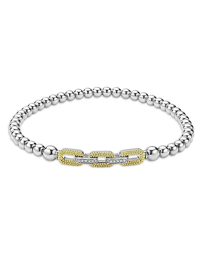 Lagos 18K Yellow Gold & Sterling Silver Caviar Lux Diamond Beaded Stretch Bracelet